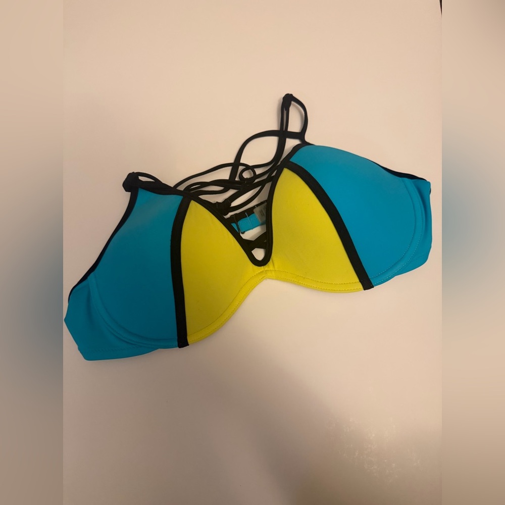 PINK Victoria’s Secret Strappy Cage Bikini Top L Colorblock Blue Yellow
